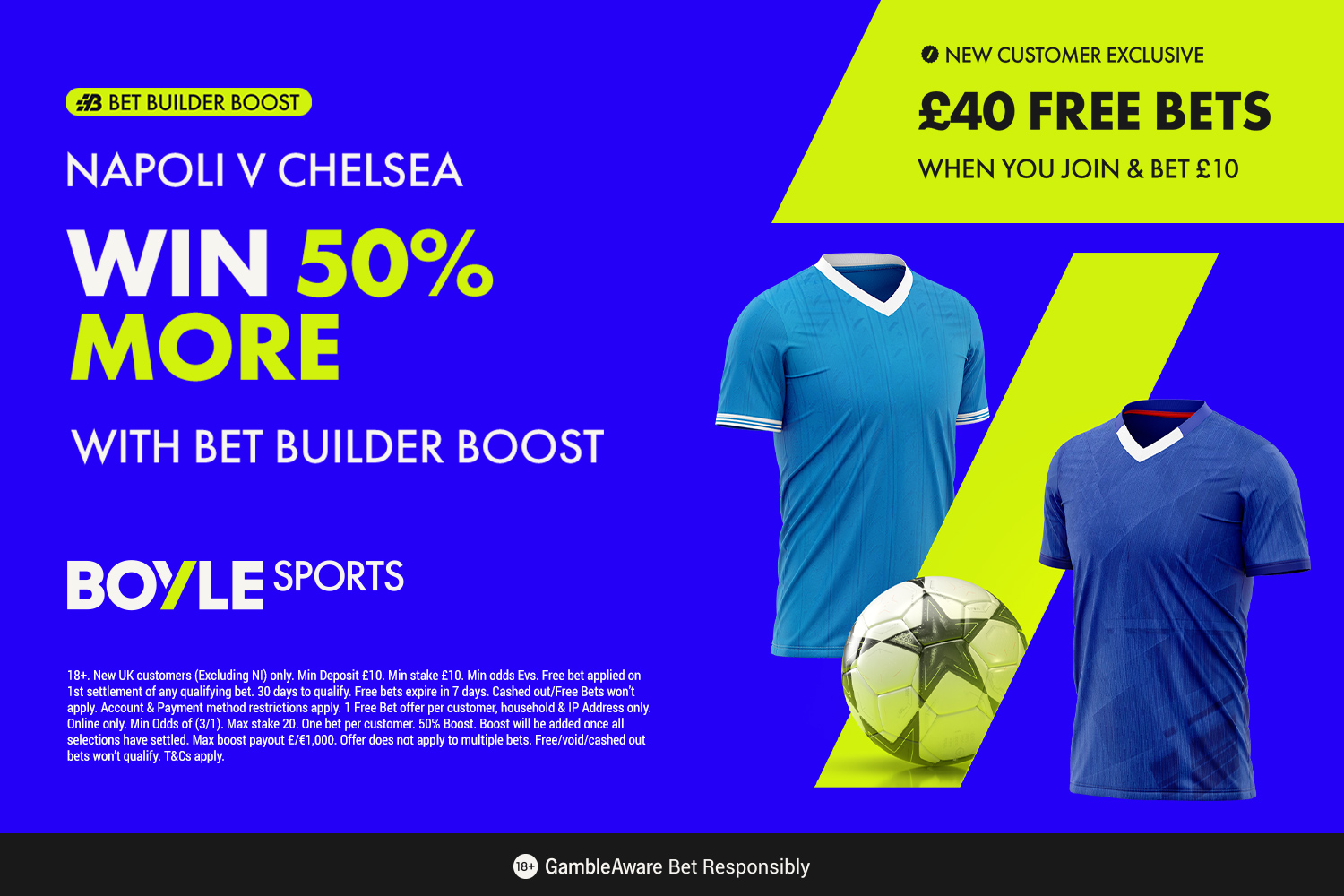 Illustration for Boyle Sports offering a 50% bet builder boost for Napoli v Chelsea, £40 free bets for new customers, with two football shirts and a soccer ball.
