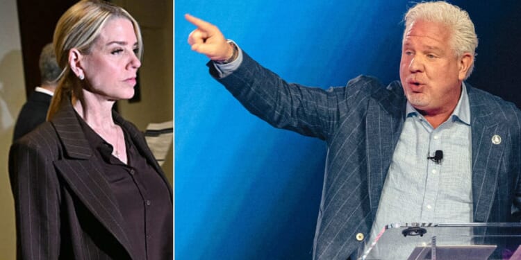 Conservative commentator Glenn Beck, right, seen in a December photo, demanded this week that Attorney General Pam Bondi, left, be replaced because she has failed to "dismantle the Deep State, ... and finally bring to justice the criminal elites who have been 'too big to jail.'"