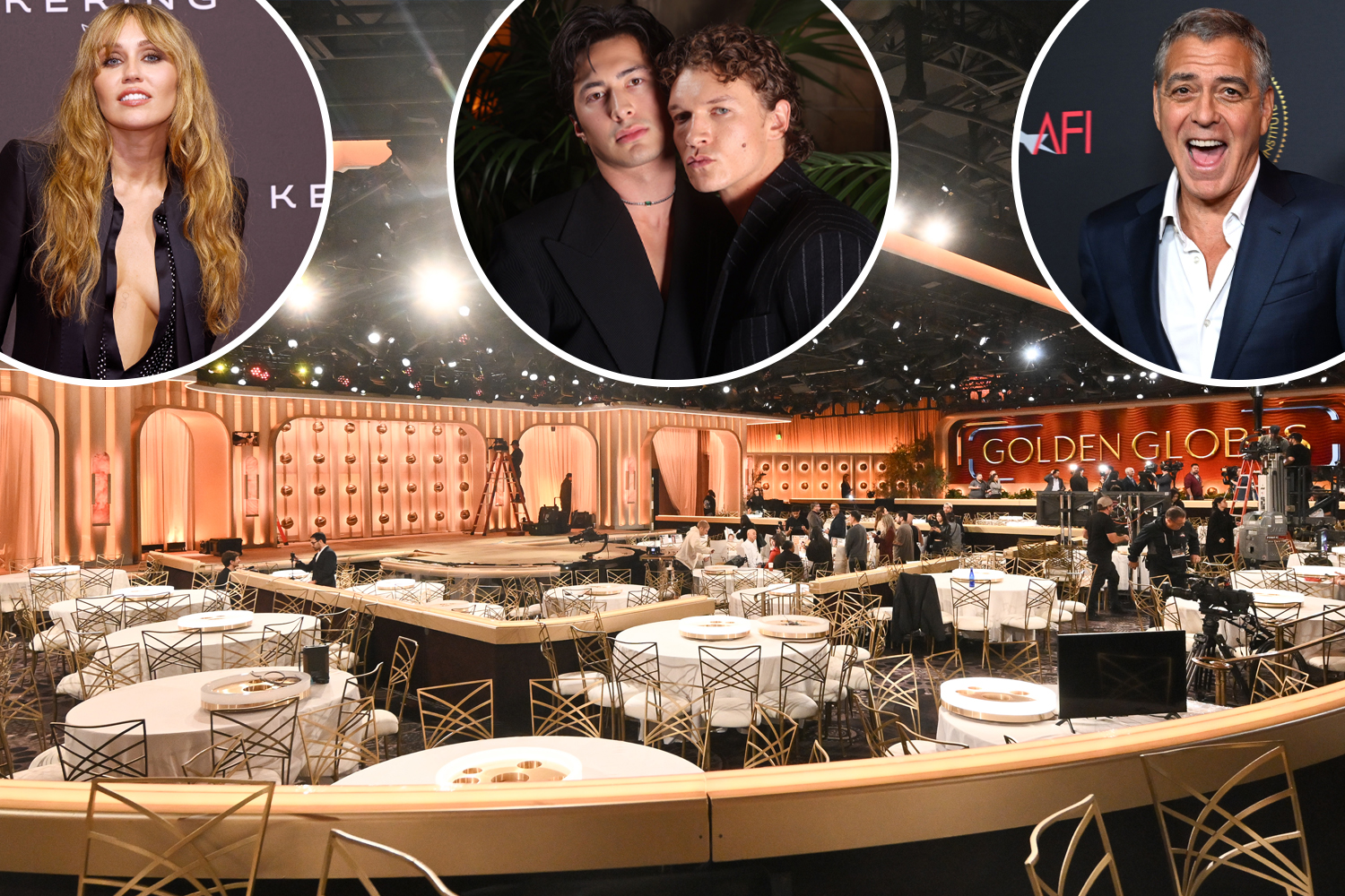 Collage of Miley Cyrus, Lukas Gage with Chris Appleton, George Clooney, and the Golden Globes setup.