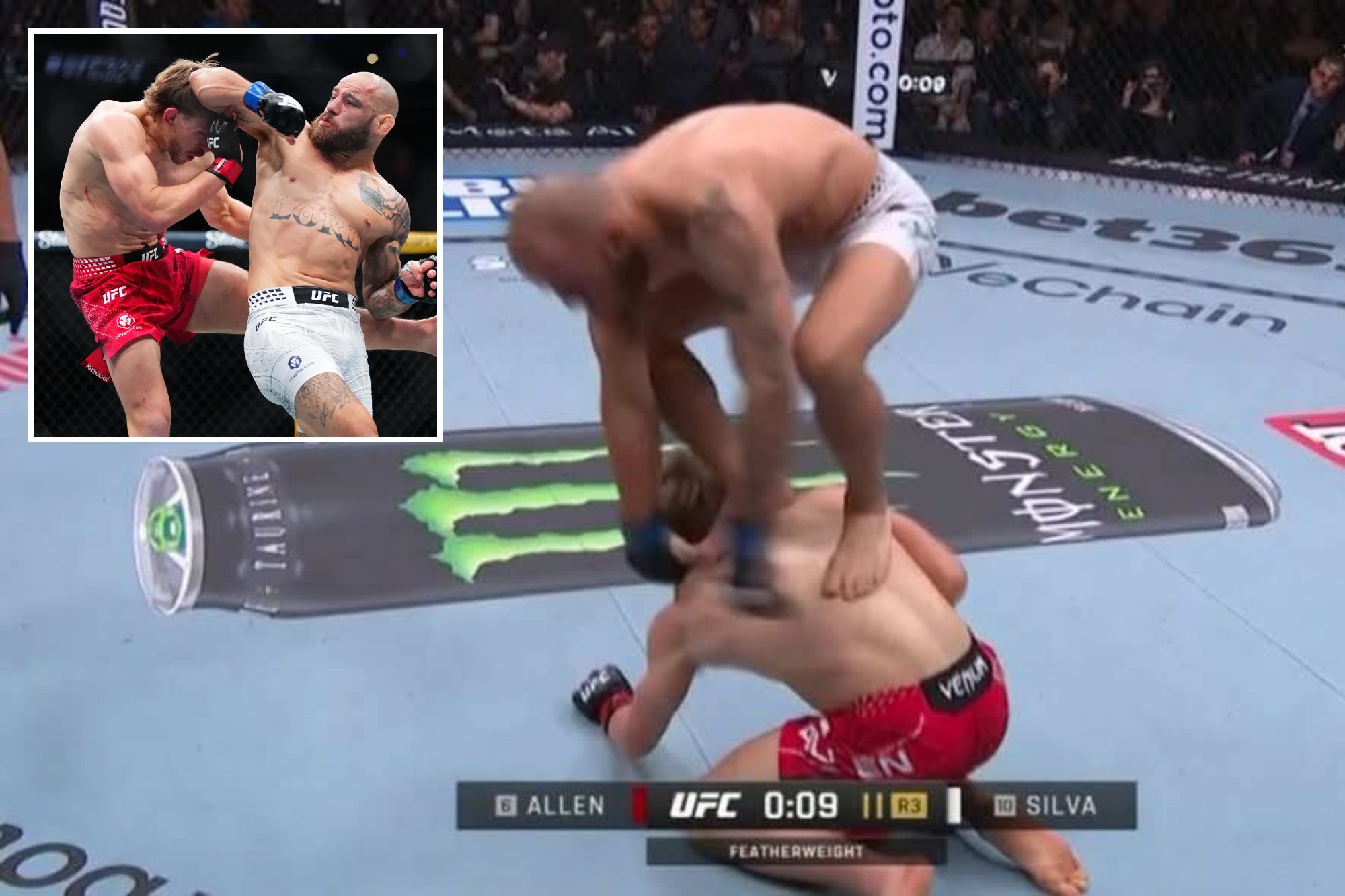 An image collage containing 2 images, Image 1 shows A fighter in white shorts stomps on an opponent in red shorts, who is on hands and knees, in a UFC octagon, Image 2 shows UFC fighter Josh Allen punching and kneeing opponent Marlon Vera during a match