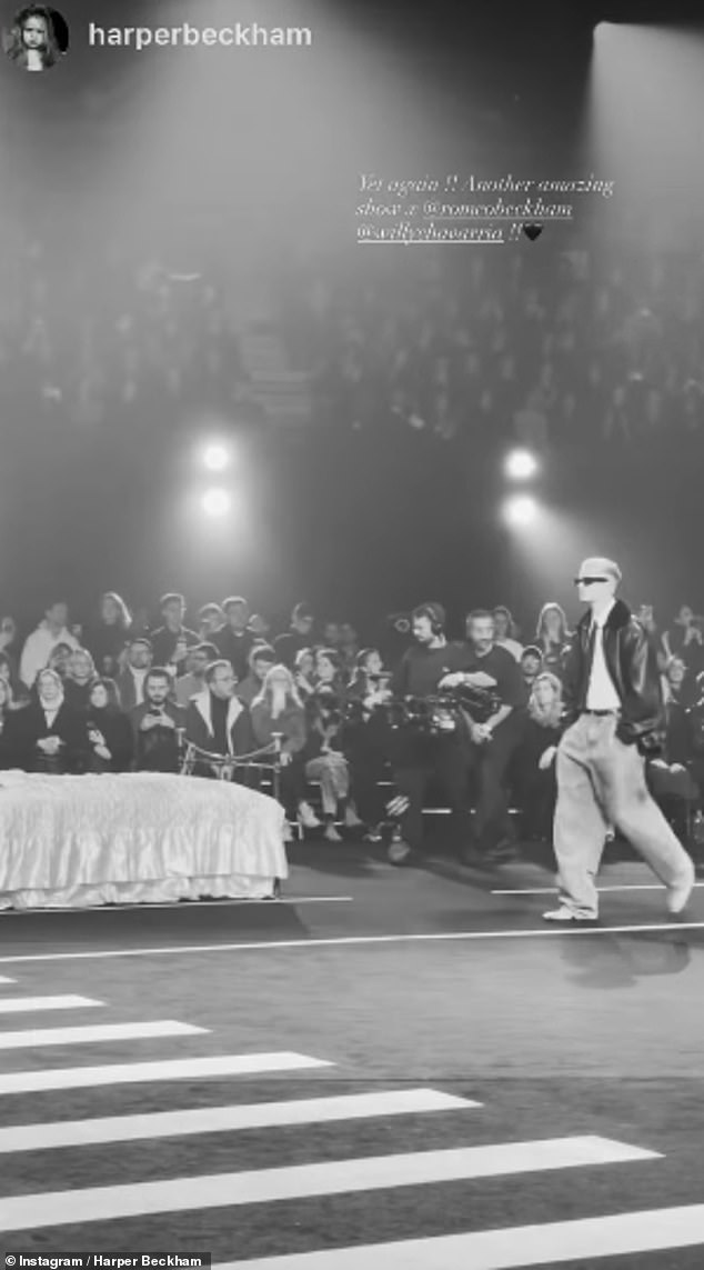 Harper, 14, took to Instagram to praise her brother Romeo on Saturday after he graced the runway for the Willy Chavarria show at Paris Fashion Week