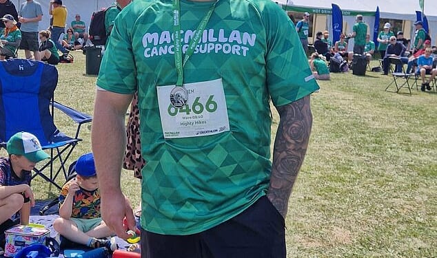 Ben Smith, 29, pictured after running a half marathon last summer, has been told his BMI of 34 - which suggests he is obese - means his fiance, Beth Harman, 27, cannot use his sperm for IVF