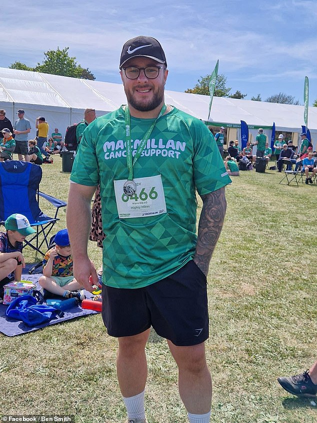 Ben Smith, 29, pictured after running a half marathon last summer, has been told his BMI of 34 - which suggests he is obese - means his fiance, Beth Harman, 27, cannot use his sperm for IVF