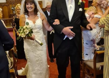 Suzanne Cherry, 62, with her husband Clint Harrison on their wedding day. Suzanne was killed after a van mowed her down on a golf course