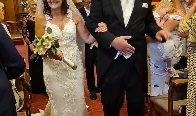 Suzanne Cherry, 62, with her husband Clint Harrison on their wedding day. Suzanne was killed after a van mowed her down on a golf course