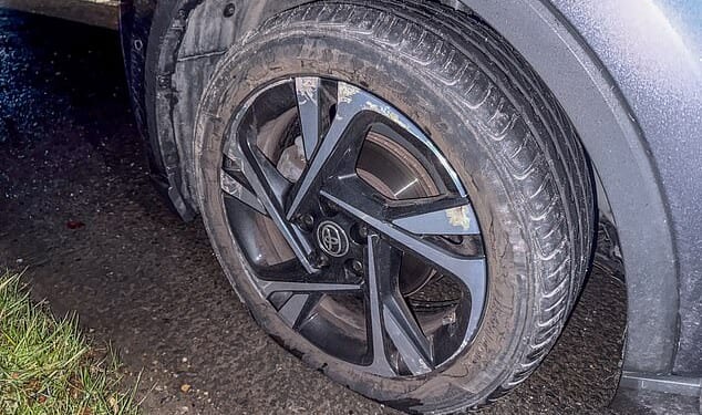 Over a dozen cars had their tyres burst, and on some the wheel itself was mangled
