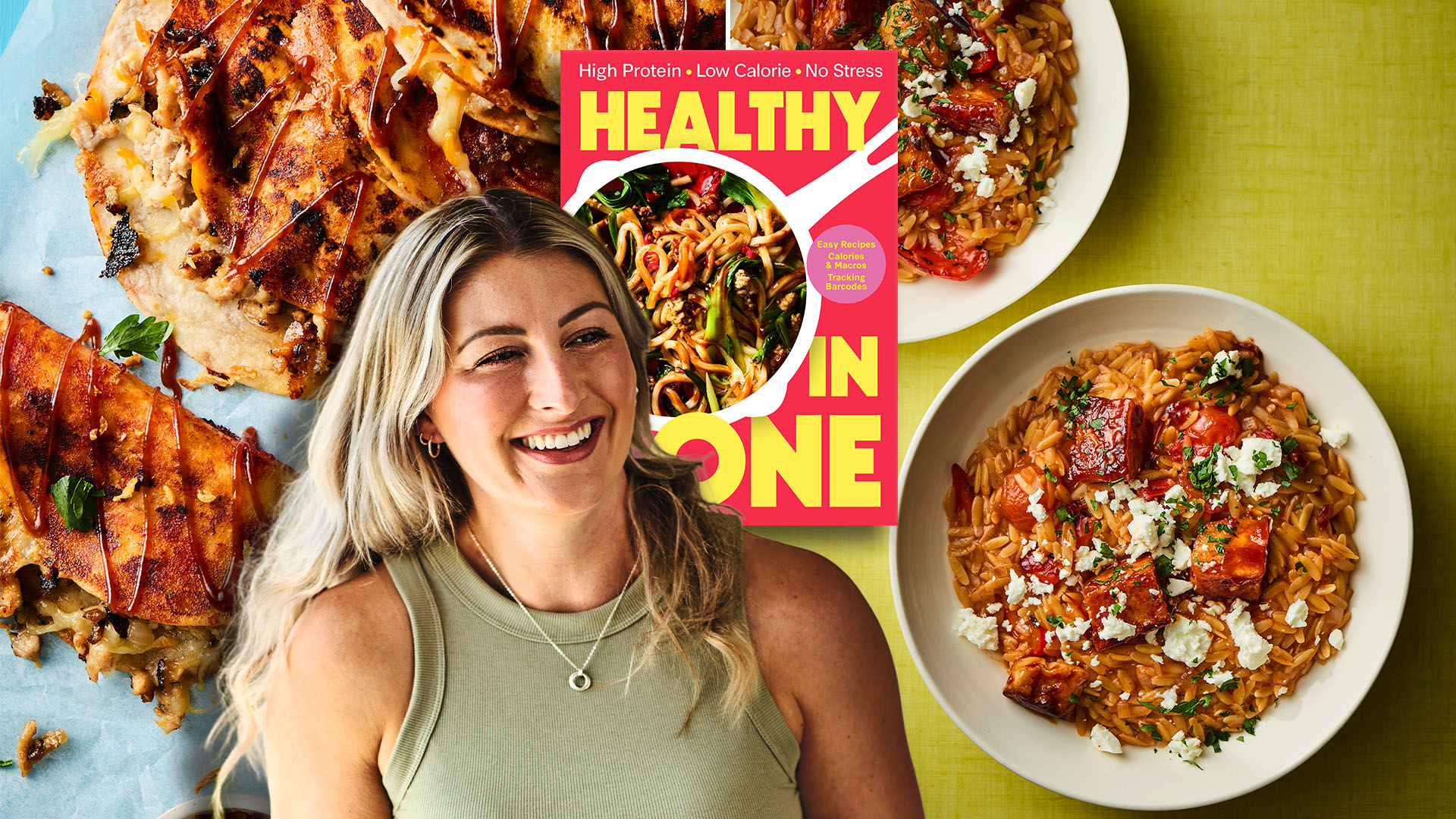 Collage of Meg Robertson with her "Healthy In One" cookbook and dishes.