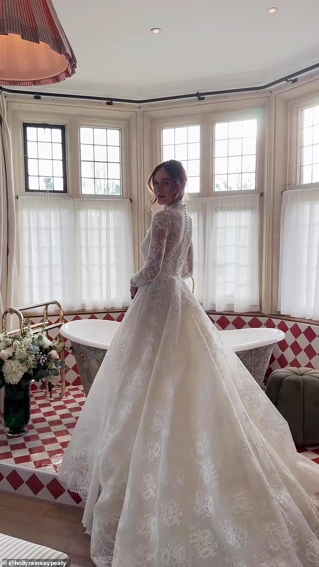 Holly Ramsay shared the first picture of her wedding dress in intimate behind the scenes moment on Instagram on Tuesday as she talked about her 'dream come true' nuptials