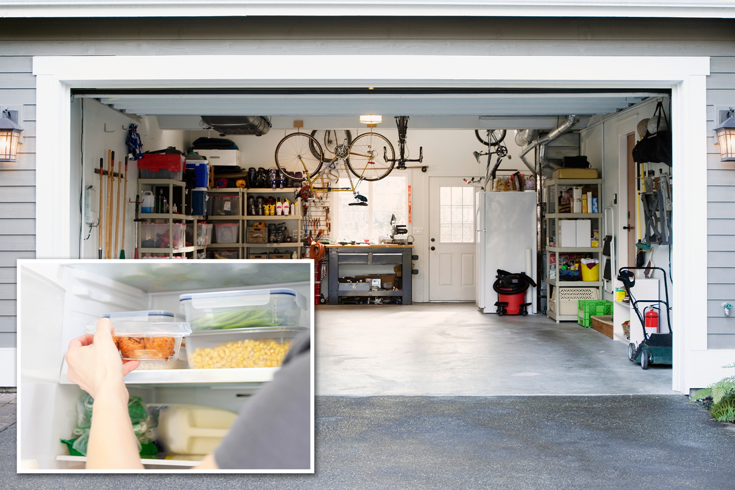 Collage of a hand placing food into a fridge in a garage.