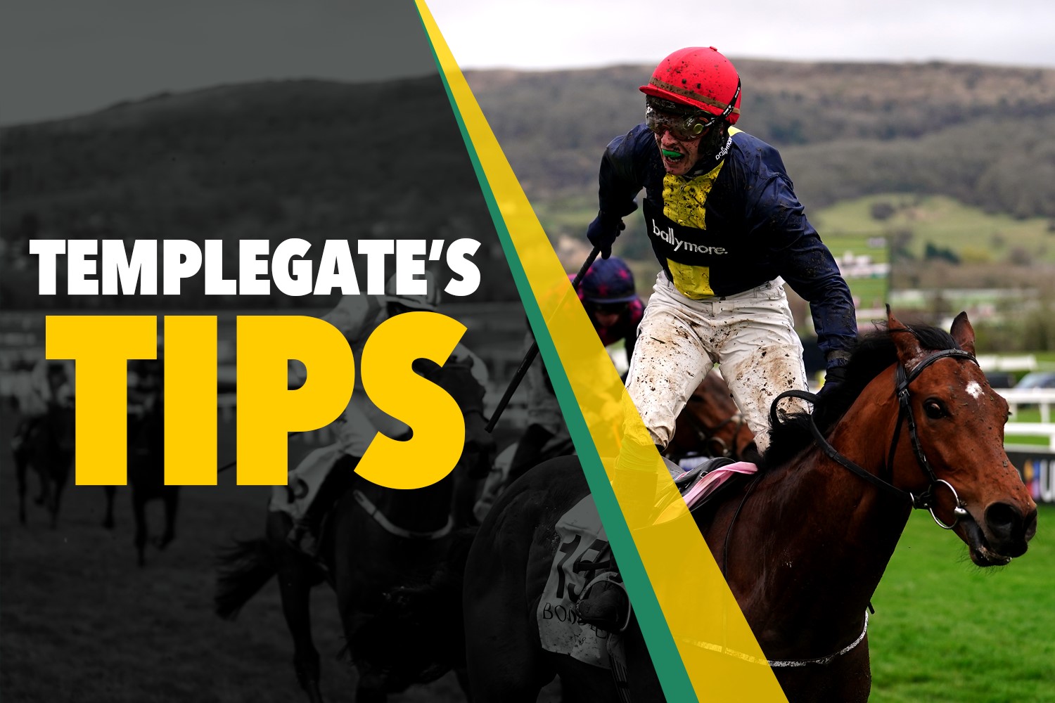 A jockey on a horse during a race with the text "TEMPLEGATE'S TIPS".