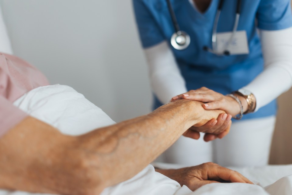 Close-up of caregiver holding senior client hand. Support from nurse to patient, taking care of elderly man in hospital. Emotional support and care in healthcare.