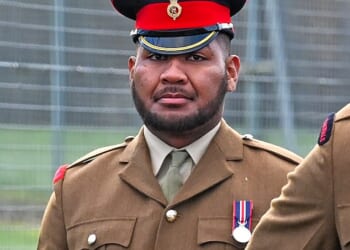 Household Cavalry trooper Joeli Ratu, pictured, allegedly got one of his colleagues blackout drunk then sneaked into his bedroom and molested his sleeping girlfriend, a court has heard