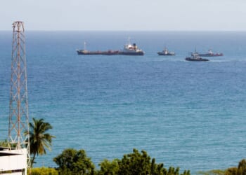 Tugboats mobilize the Crude Oil Tanker President, anchored in Pampatar Bay near Margarita Island, Nueva Esparta state, Venezuela, on Jan. 19, 2024.