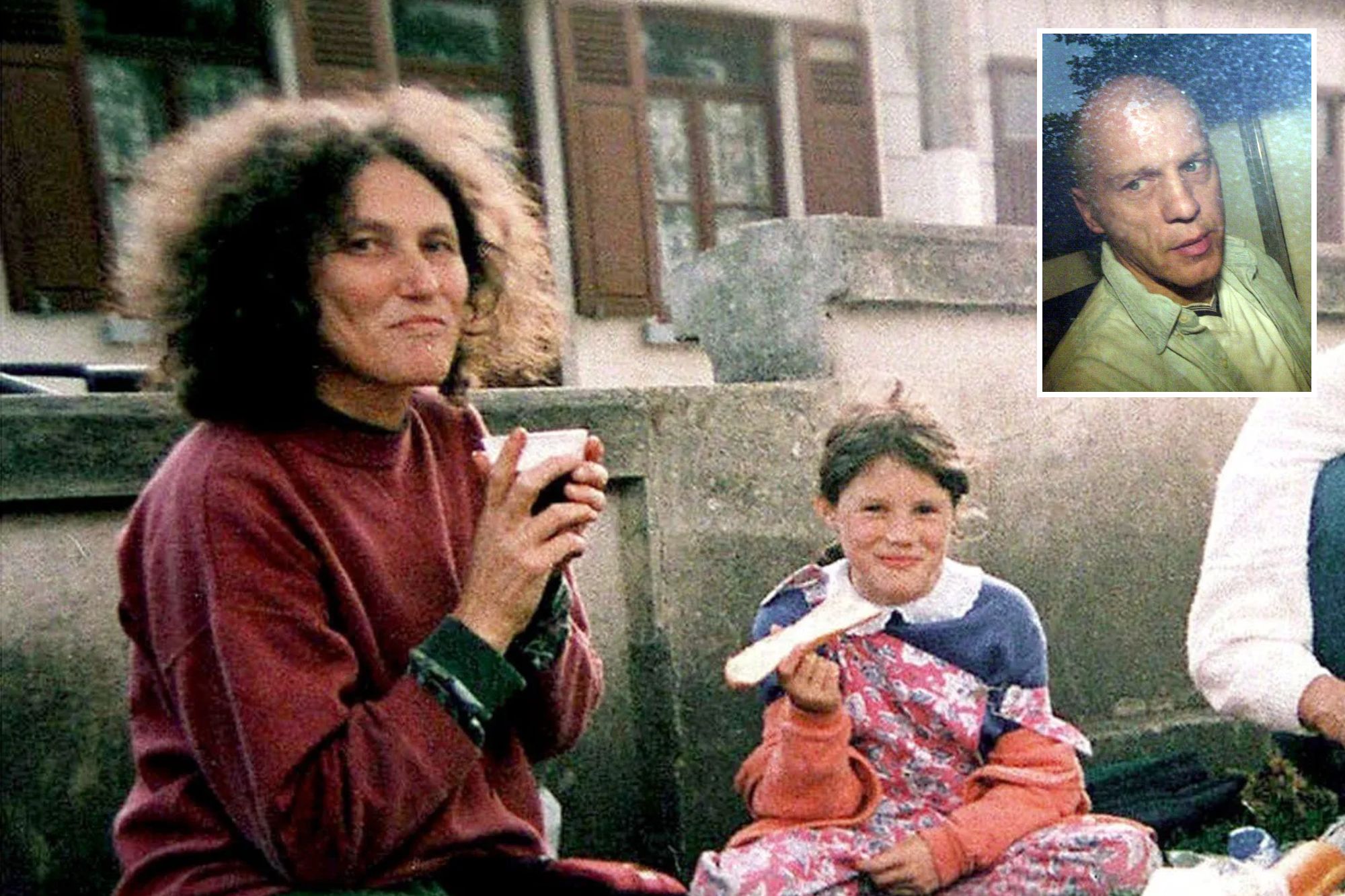 An image collage containing 2 images, Image 1 shows Lin, Josie, Shaun, and Megan Russell on a family picnic, Image 2 shows Michael Stone looking towards the viewer with a neutral expression