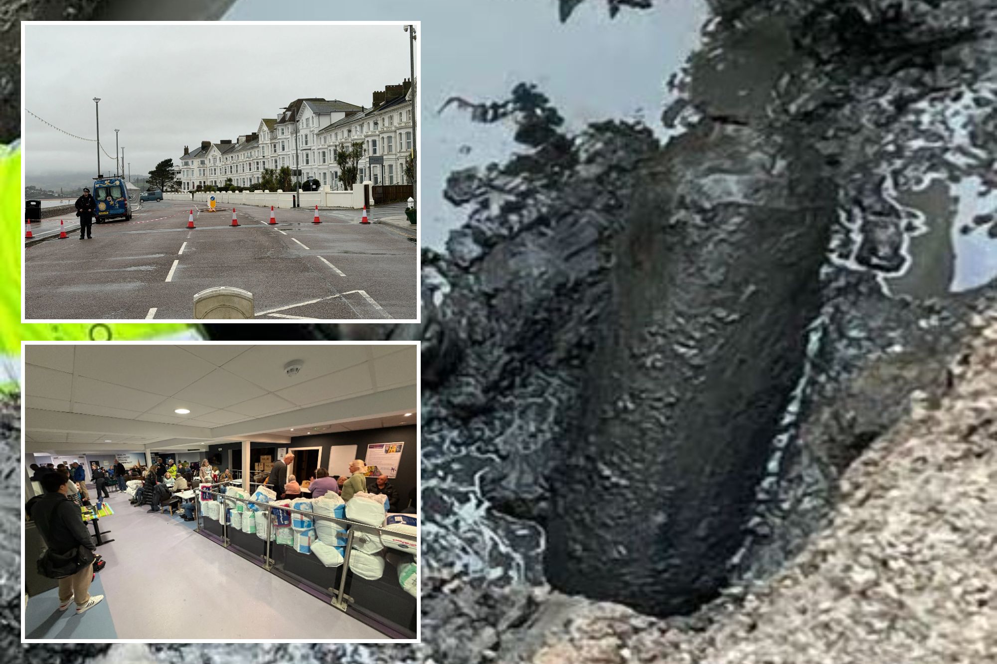 An image collage containing 3 images, Image 1 shows A worker in a high-visibility vest and helmet examines an unexploded bomb in a muddy ditch, Image 2 shows A police officer stands near a blue van on a street cordoned off with orange cones and tape, with white buildings and the sea in the background under an overcast sky, Image 3 shows People gathered at a leisure center, with many duvets stacked along a counter
