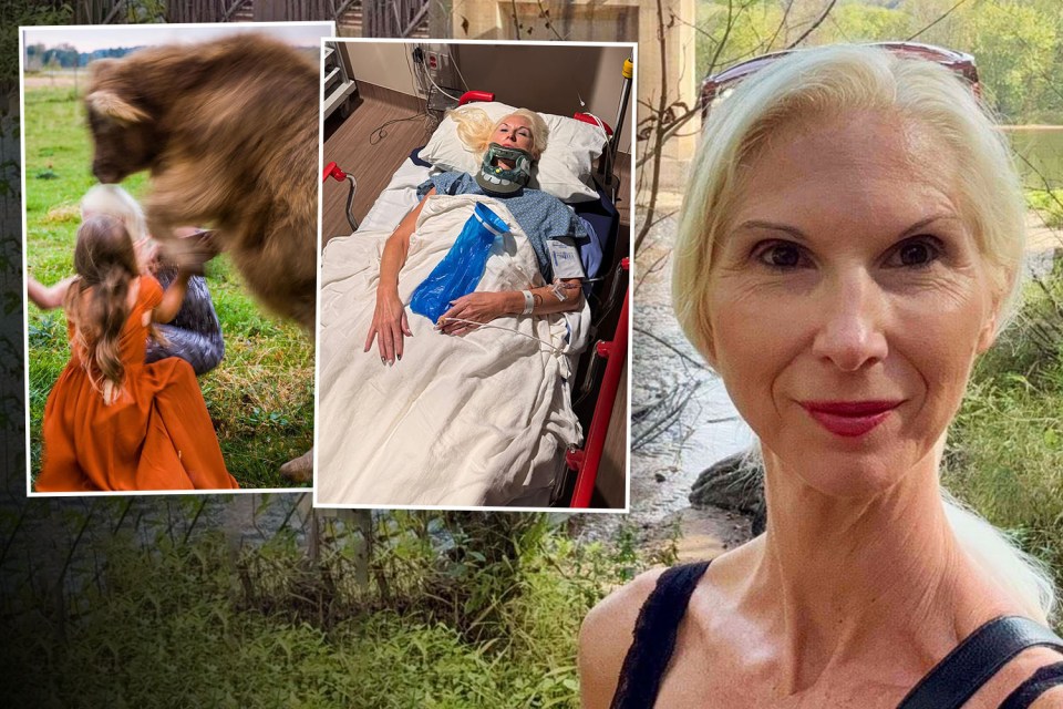 Collage of a woman attacked by a cow, recuperating in a hospital bed, and a recent selfie.