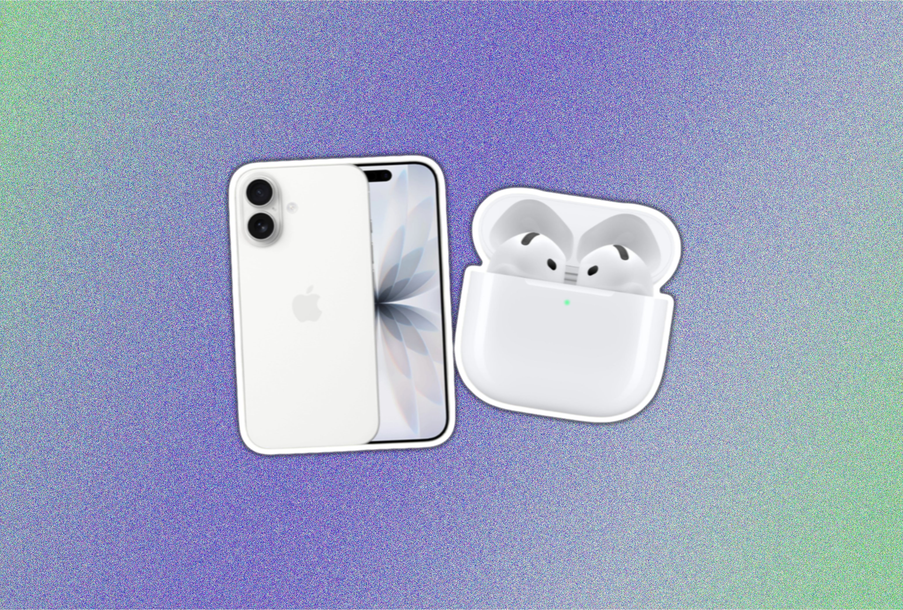 White iPhone with dual camera and white AirPods Pro in an open charging case.