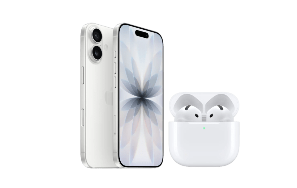 White iPhone 17 and white AirPods Pro.