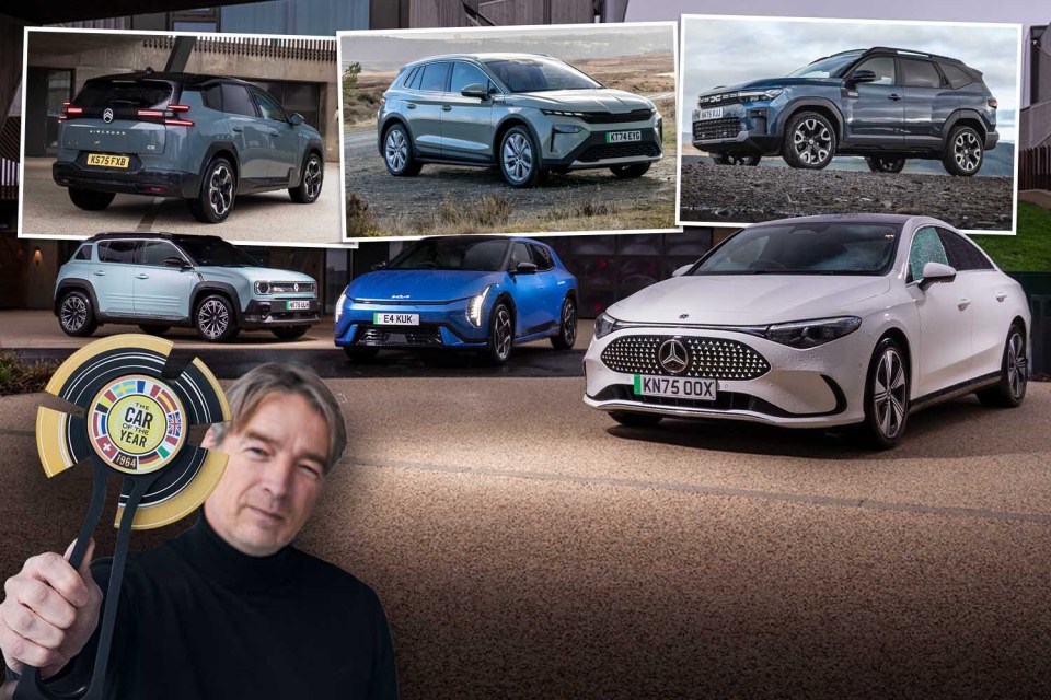 Collage of six cars that are in the running for Car of the Year, with a man holding a Car of the Year 1964 award.