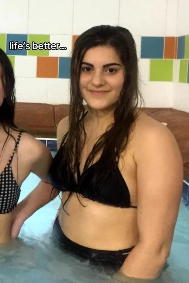 Two young women in swimsuits stand in water, with the text "life's better..." superimposed.