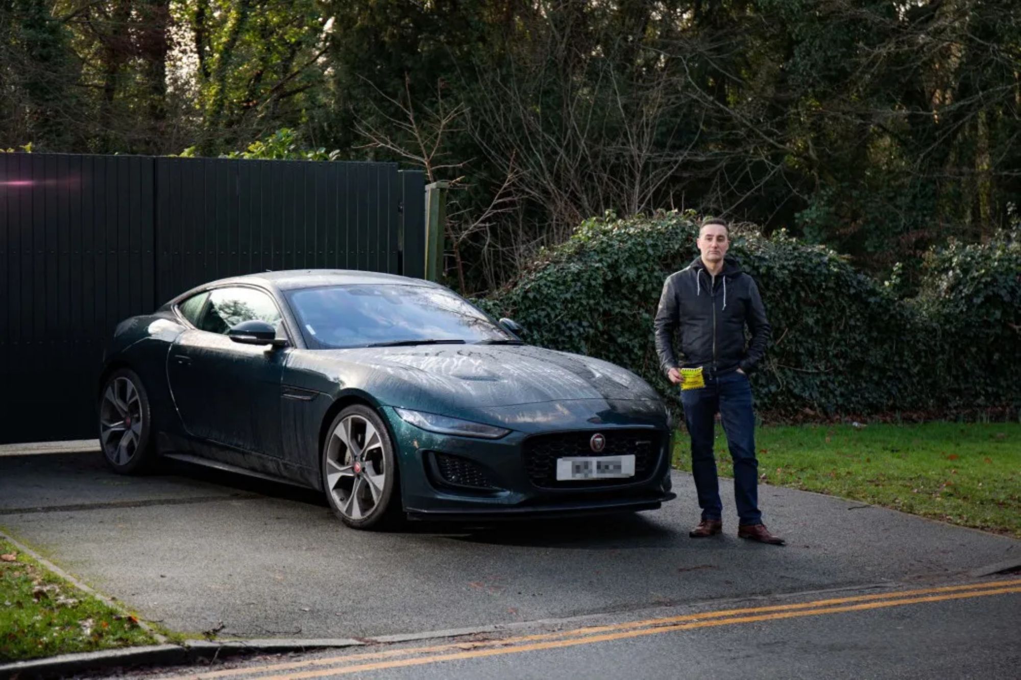 An image collage containing 1 images, Image 1 shows A fuming homeowner stands next to his parked Jaguar, holding a yellow parking ticket