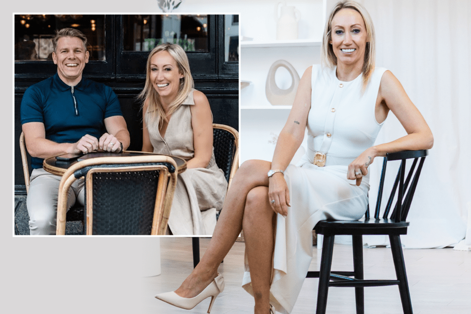 Collage of a woman posing in a chair and a couple seated at a table.