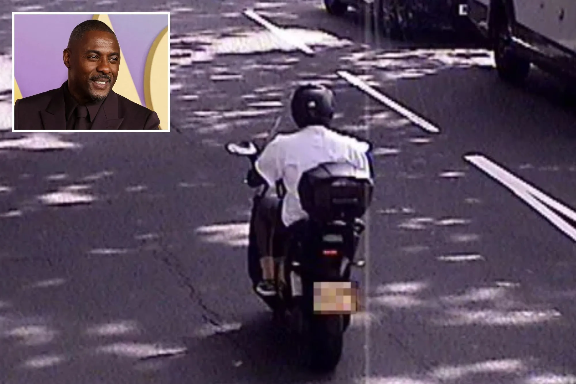 An image collage containing 2 images, Image 1 shows Idris Elba speeding on a moped along Chelsea Embankment in London, Image 2 shows Idris Elba smiling in a dark suit against a purple background with large golden letters