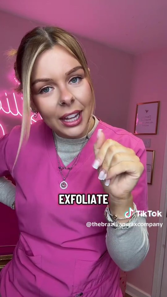 A woman in a pink scrub top gestures while the word "EXFOLIATE" is superimposed over her.