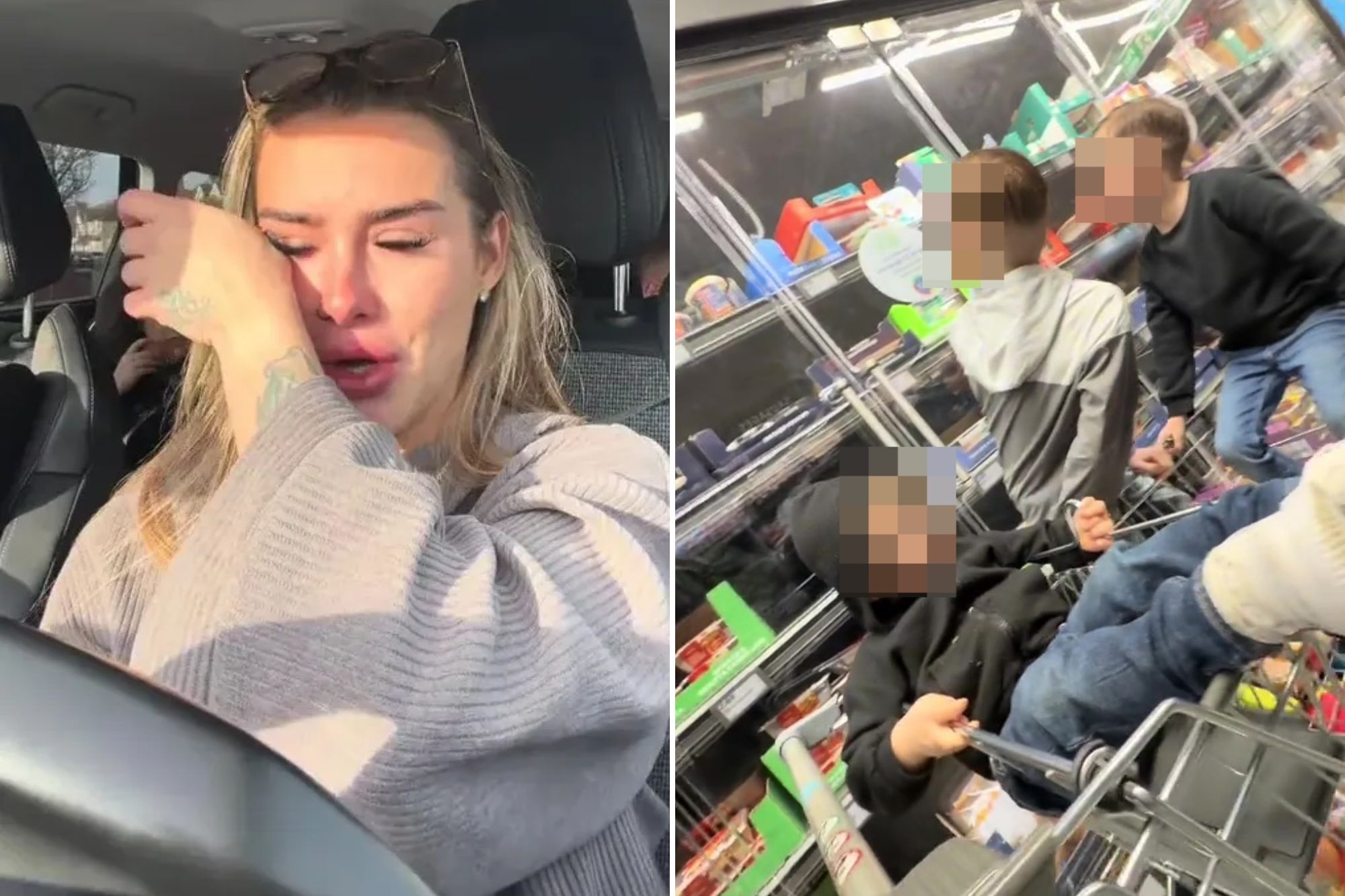 An image collage containing 2 images, Image 1 shows A woman with sunglasses on her head sits in a car, crying and wiping her eyes, Image 2 shows Children playing in a shopping cart in a grocery store aisle