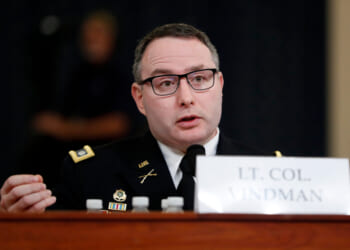 National Security Council aide Lt. Col. Alexander Vindman testifies before the House Intelligence Committee on Capitol Hill in Washington, D.C., on Nov. 19, 2019.