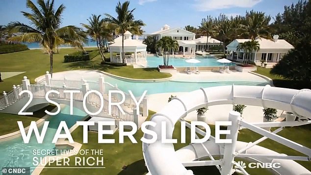 The lavish home included a two-story waterslide, a lazy river, and multiple swimming pools