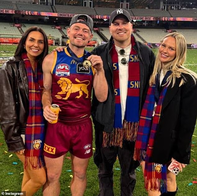 Pictured: Tess, left, and her husband Ben Crosley, second from right, with Lachie, second from left, and Jules Neale, right, after the game