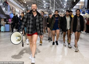 'No Trousers Tube Ride' organiser Dave Selkirk (front) during the event in London on Sunday