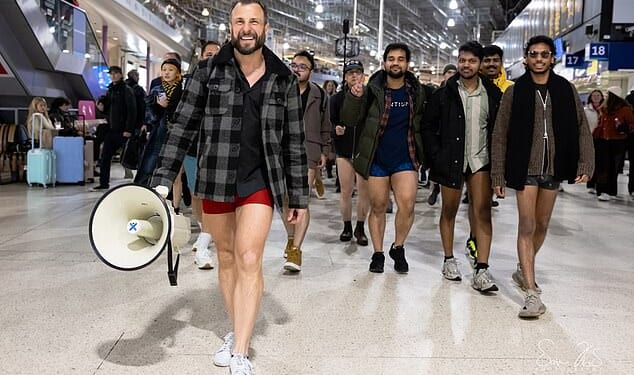'No Trousers Tube Ride' organiser Dave Selkirk (front) during the event in London on Sunday