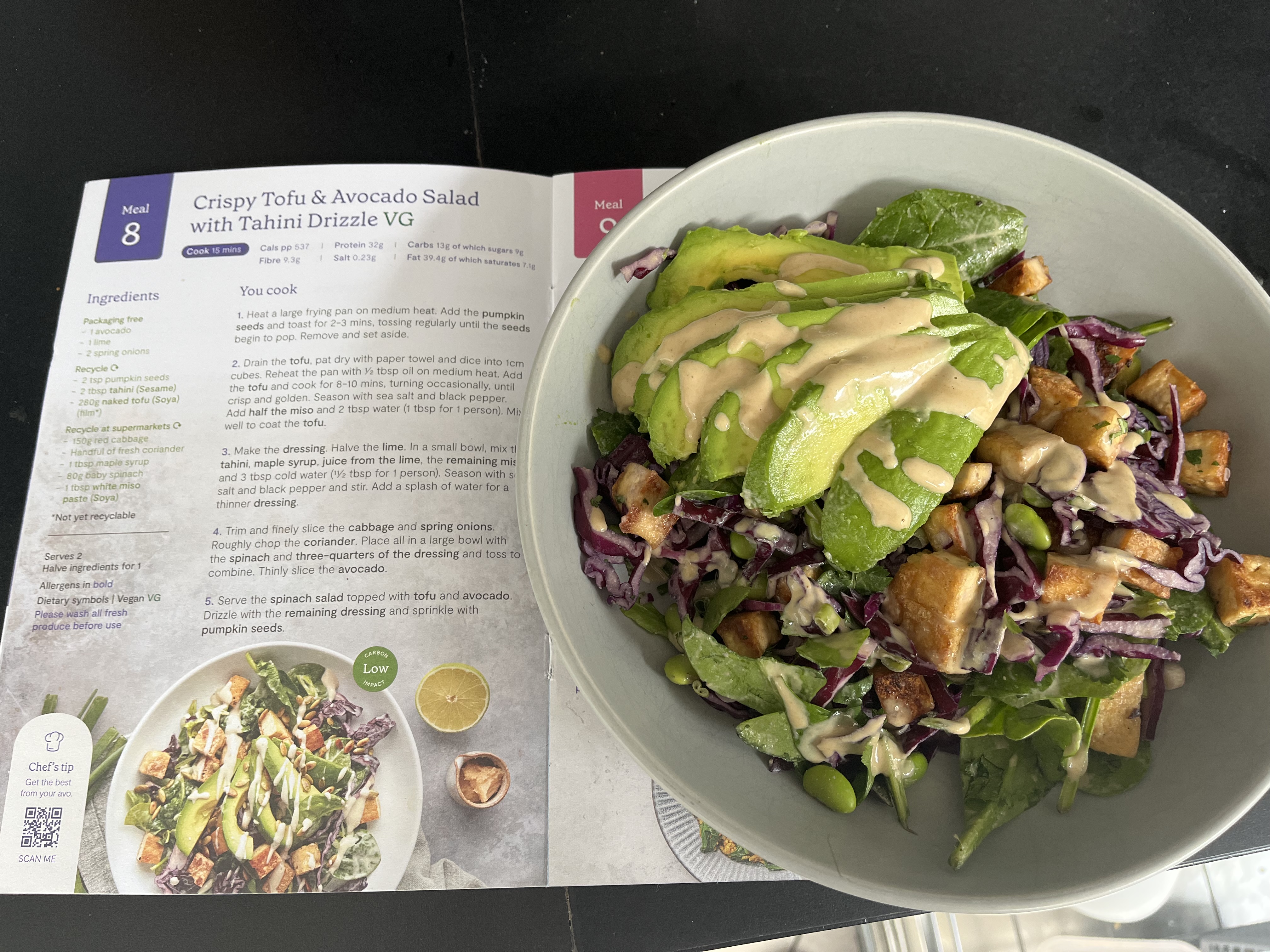 Crispy tofu and avocado salad with tahini dressing recipe and finished dish from Mindful Chef