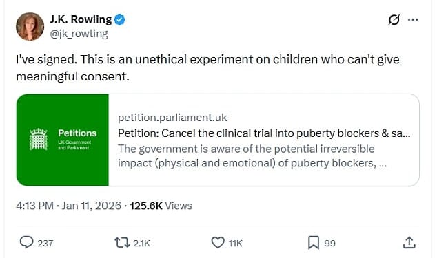 J.K. Rowling signs petition against Wes Streeting's puberty blocker trial calling it 'an unethical experiment'