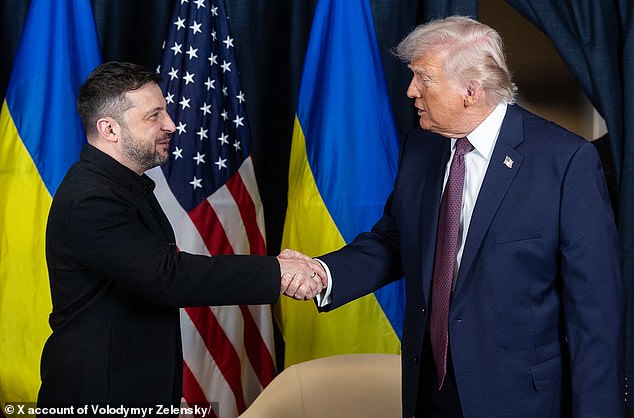 During his address, Zelensky told the audience: 'We met with President Trump, and our teams are working almost every day'