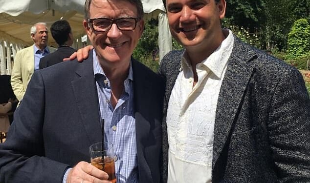 Lord Mandelson with Reinaldo Avila da Silva at a garden party in London