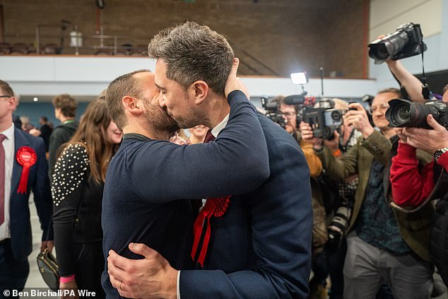 The MP has been offered enhanced security because he is married to Israeli Yossi Felberbaum. Pictured: The couple sharing a kiss after Mr Egan was elected as an MP