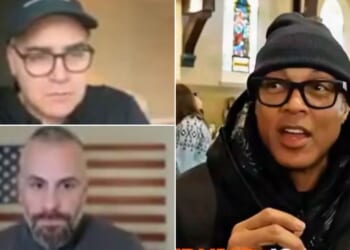 Leftist podcaster Jim Acosta, top left, told Michael Fanone, bottom left, that Don Lemon was arrested simply because he's black.