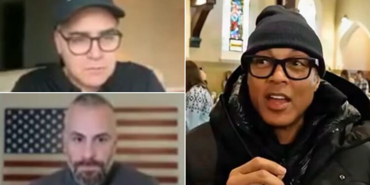 Leftist podcaster Jim Acosta, top left, told Michael Fanone, bottom left, that Don Lemon was arrested simply because he's black.