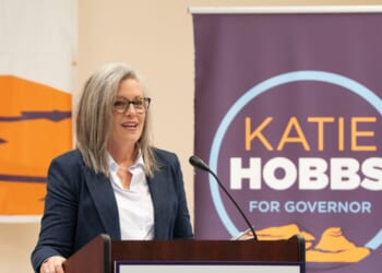 Arizona Gov. Katie Hobbs speaks during her "Arizona First" rally at El Rio Center on Nov. 1, 2025, in Tucson, Arizona.