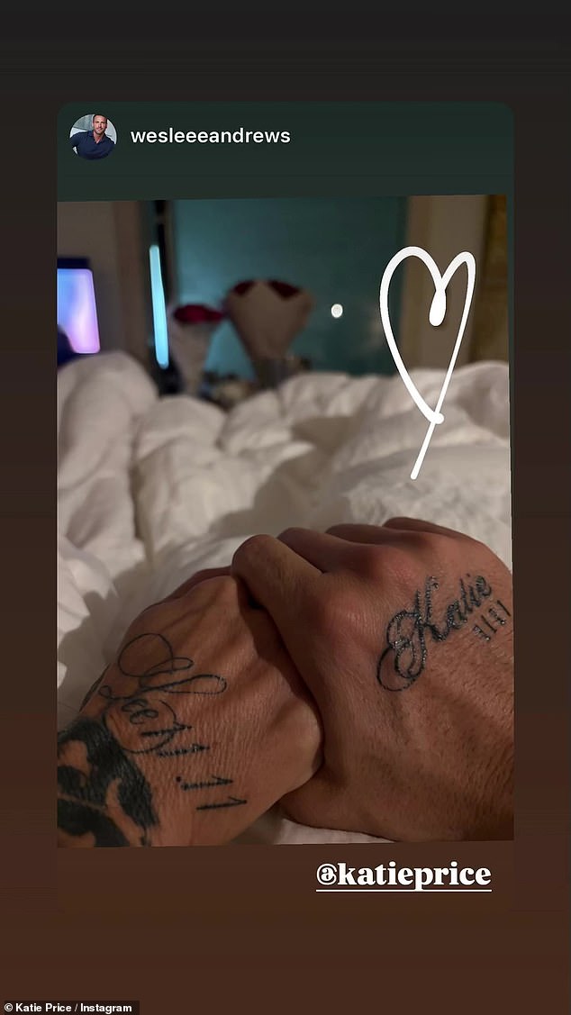 A final snap saw them holding hands in bed as a bunch of red roses was visible in the background