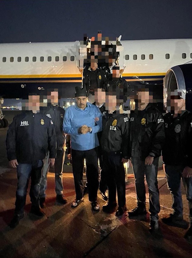 Maduro pictured arriving in the US after he was flown from Venezuela to stand trial