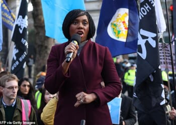 Kemi Badenoch speaks to crowds protesting against a proposal to move China's embassy to the site of the former Royal Mint in London on Saturday