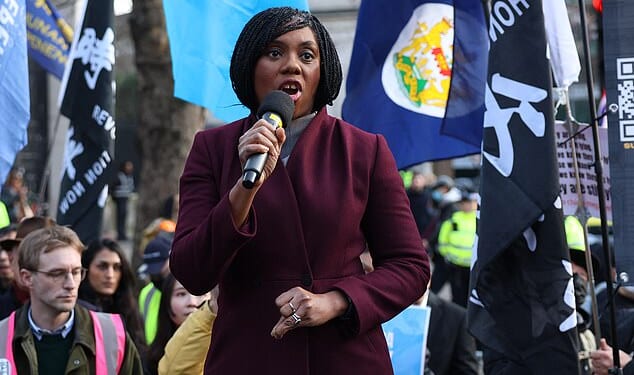 Kemi Badenoch speaks to crowds protesting against a proposal to move China's embassy to the site of the former Royal Mint in London on Saturday