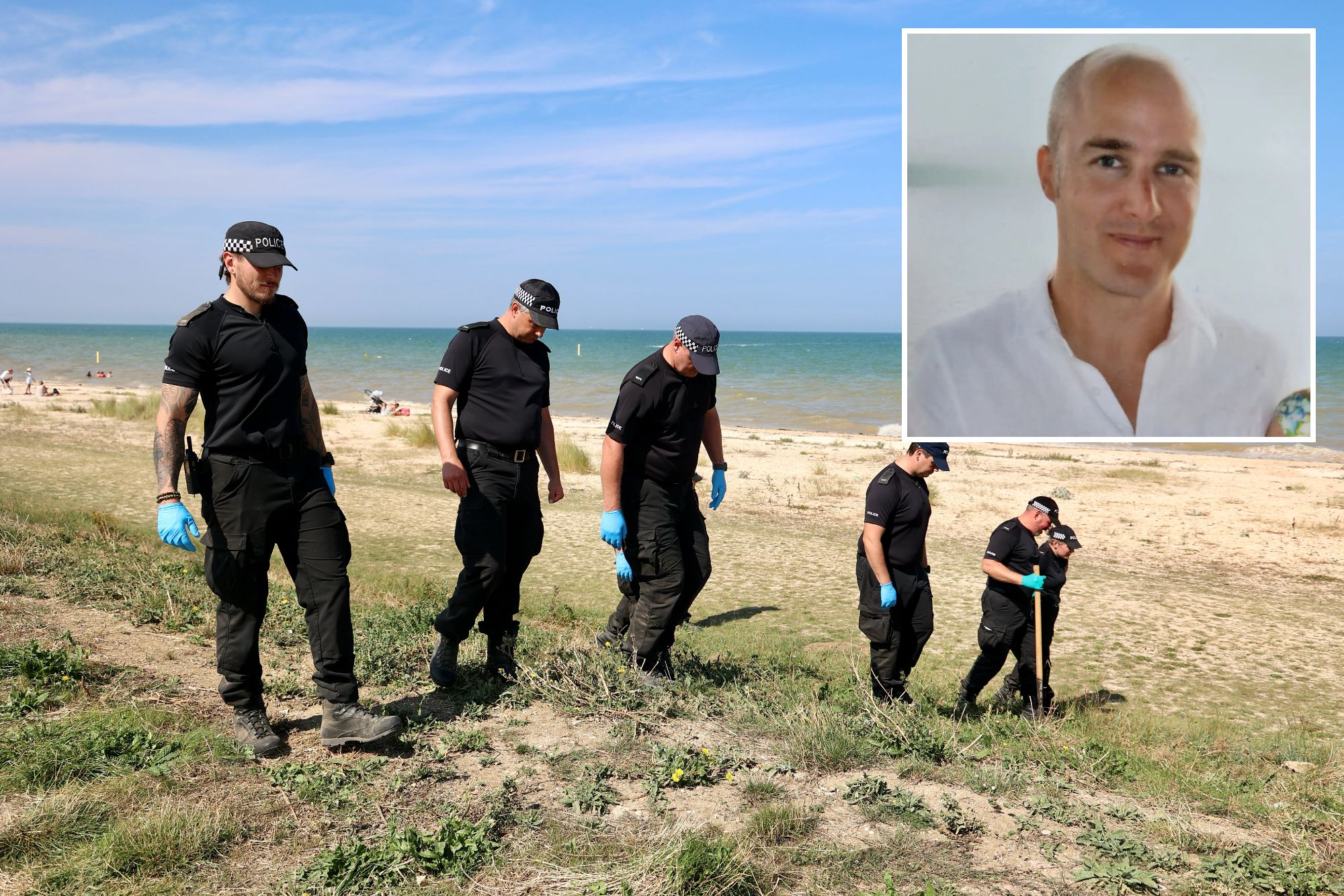 An image collage containing 2 images, Image 1 shows Police officers searching a beach following a murder, Image 2 shows Alexander Cashford, a 49-year-old man with a shaved head and a white shirt, is shown in a portrait