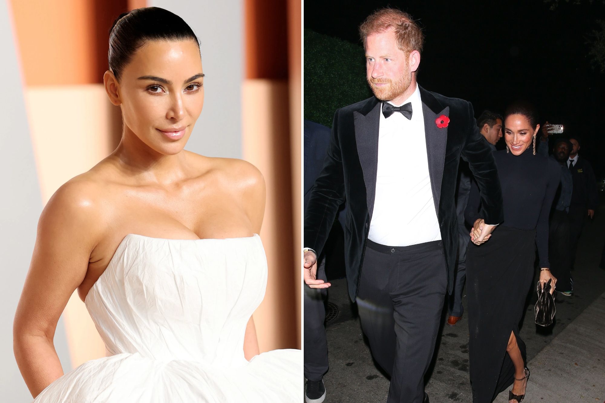 An image collage containing 2 images, Image 1 shows Kim Kardashian in a white strapless gown at the 2025 Vanity Fair Oscar Party, Image 2 shows Prince Harry and Meghan Markle arriving at Kris Jenner's 70th birthday party