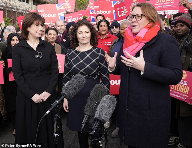 Ms Stogia was flanked by Labour party chairwoman Anna Turley (right) and deputy leader Lucy Powell (left) as her candidacy was announced at the event in the Greater Manchester constituency