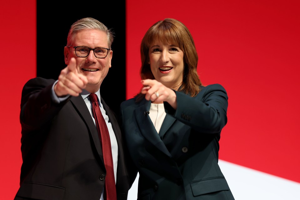 Prime Minister Keir Starmer and Chancellor of the Exchequer Rachel Reeves reacting on stage during the Labour Party conference.